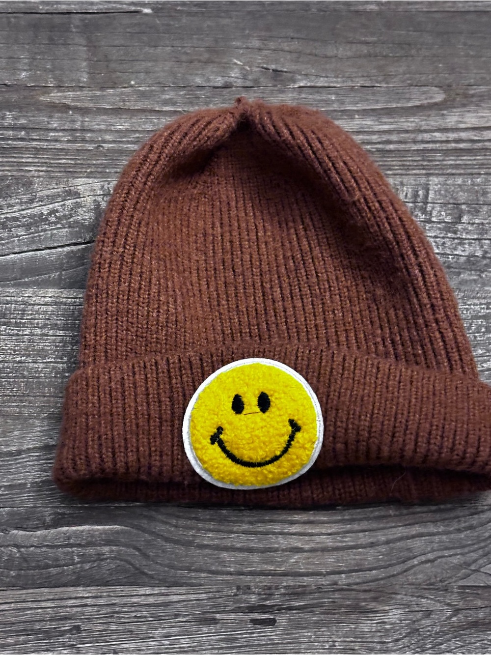Brown Kids Knit Beanie with Yellow Smile Patch